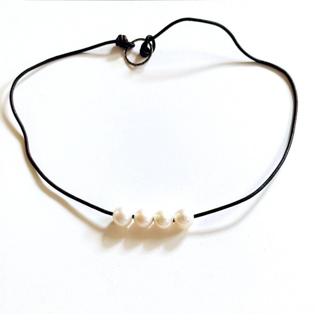 FreshWater Baroque Pearl necklace Collar beaded VTG Beads leather BOHO‎ 20"L